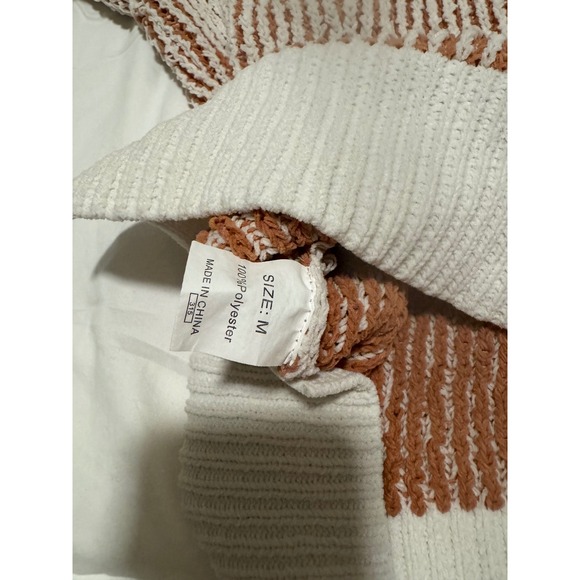 Sweaters - Chenille Striped Crewneck Sweater Rust Orange White Slouchy Knit Drop Shoulder M